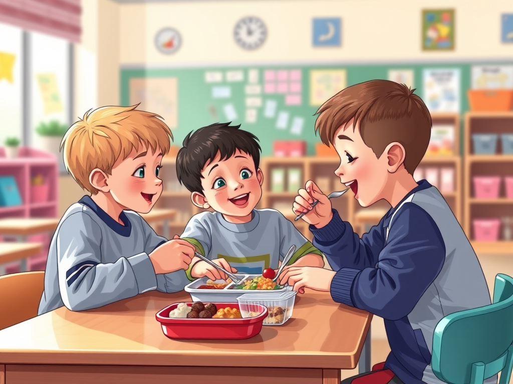Create a vibrant illustration of three boys enjoying a meal together at a table, one feeding another, in a bright classroom setting, using a Canon EOS R5 camera with a 35mm f/1.4 lens, aperture set to f/2.8, ISO 100, and a soft diffused lighting style for enhanced colors and detail.