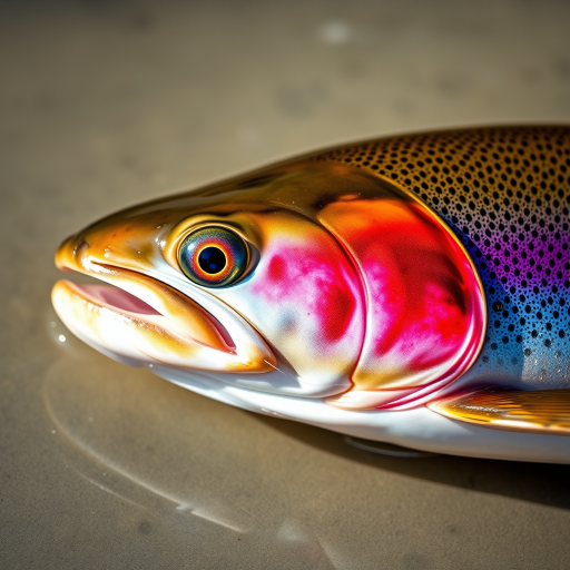 A detailed close-up image of a rainbow trout lying on a smooth surface, captured with a Canon EOS 5D Mark IV, 50mm lens, f/2.8 aperture, ISO 100, with natural lighting to emphasize the vibrant colors and texture of the fish.