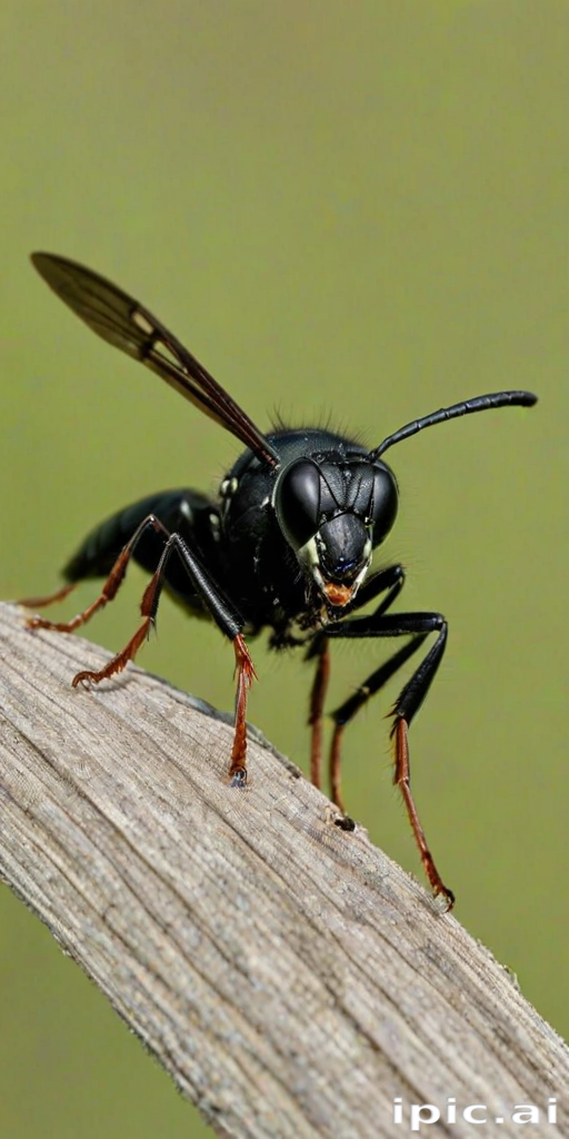 Close-Up Portrait of a Black Insect Perched on a Wooden Stick
