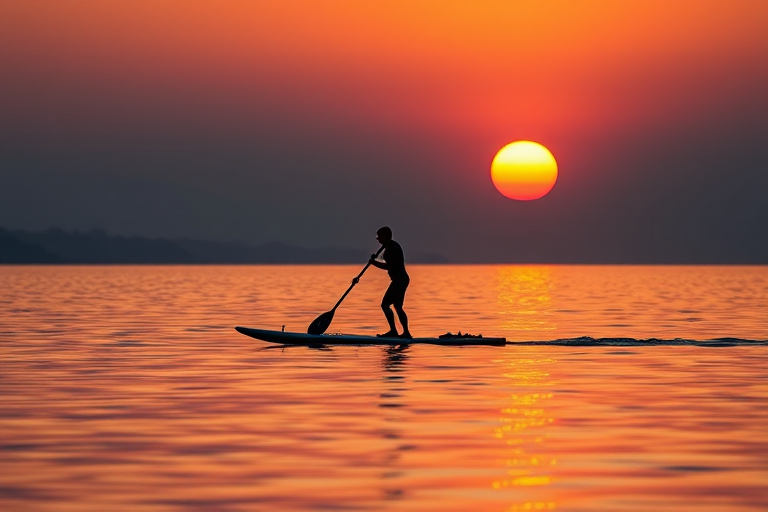 Capture a serene sunset over calm waters with a silhouetted paddleboarder, using a Canon EOS R5, aperture f/8, shutter speed 1/250s, ISO 100, wide-angle view, golden hour lighting, and a soft focus for enhanced tranquility.