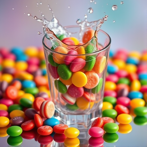 vibrant shot of a colorful candy scene featuring a glass of water splashing with rainbow-colored candies surrounding it, taken with a Canon EOS R5, 50mm lens, f/1.8 aperture, ISO 100, and a shallow depth of field to enhance detail and vivid colors, natural lighting and high dynamic range to capture reflections and textures