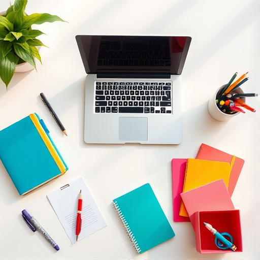 a modern workspace with a laptop on a clean desk, surrounded by colorful notebooks, pens, and a pencil holder filled with writing instruments, soft natural lighting, shot with a DSLR camera at f/2.8, 1/60s shutter speed, ISO 200, top-down view, vibrant colors and high detail.