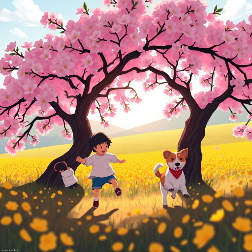 Generate a vibrant illustration of a child racing with a dog under a blooming cherry blossom tree, in a bright, colorful landscape with fields of yellow flowers, shot with a Canon EOS R5, 50mm lens, f/1.8 aperture, ISO 100, natural soft light, capturing a whimsical and joyful atmosphere.