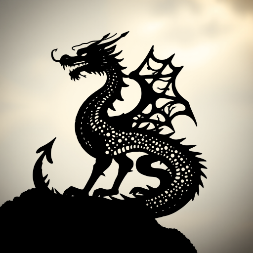 Create a high-resolution image of a stylized dragon silhouette with intricate details, using a DSLR camera at f/2.8 aperture, ISO 100, 50mm lens, shot in a side view with soft natural lighting for a dramatic effect.