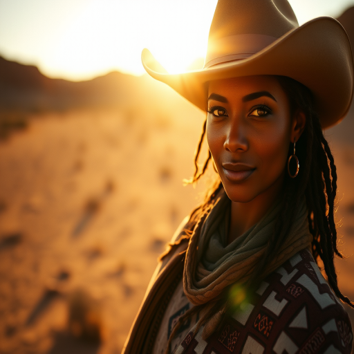Dramatic photo of a beautiful Aboriginal Australian woman, classic cowboy attire, confident and free spirit expression, half-length portrait, centered, golden hour desert landscape, warm, diffused light, low angle, medium format film camera, in style of Annie Leibovitz.