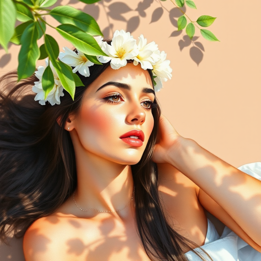 create a watercolor painting of an ethereal portrait of beautiful Sephardic woman with a simple white flower crown on her head. Her hair is long and she is lying on the ground. The sunlight on the trees casts shadows from the leaves on her face and body. The background is a neutral brown color that matches her skin tone. The image is minimalist and solid colors. This style is characterized by soft, delicate brushstrokes and a light, airy, contrasting color palette. High level of detail and play of light