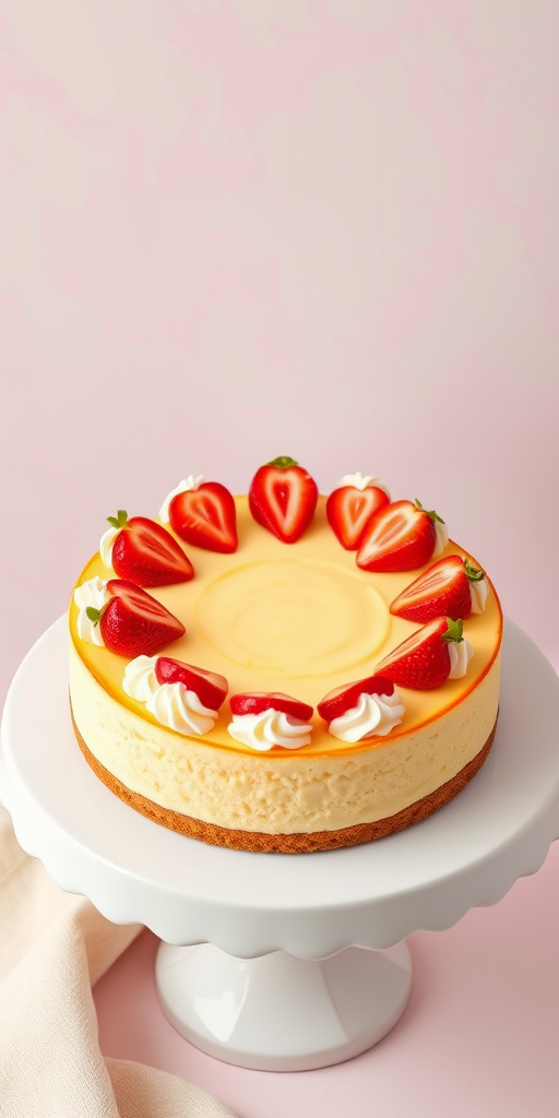 Create an image of a round cheesecake with a creamy yellow filling and a graham cracker crust topped with fresh strawberries arranged in a circle and decorative whipped cream swirls around the edge on a white cake stand with a soft pink marbled background.