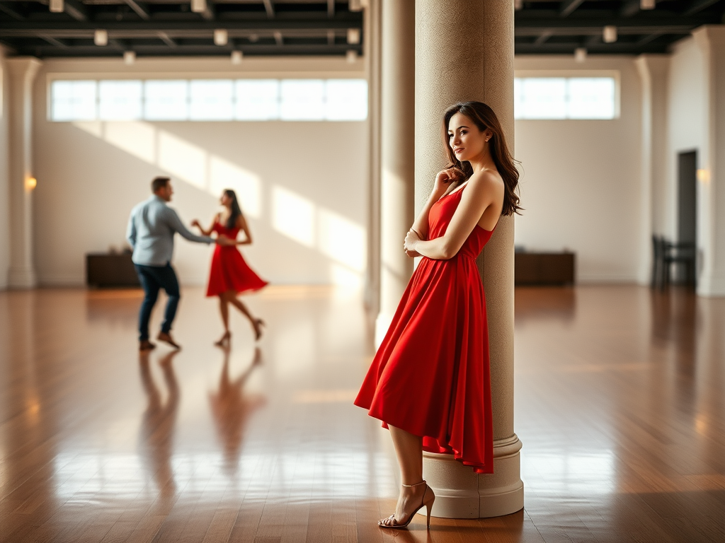 Generate an image of a woman in a red dress leaning against a pillar in a large, bright room with a polished wooden floor, using a DSLR camera with a 50mm lens, aperture f/1.8 for shallow depth of field, ISO 200, natural lighting, focusing on the subject in the foreground with a blurred background of two people dancing.