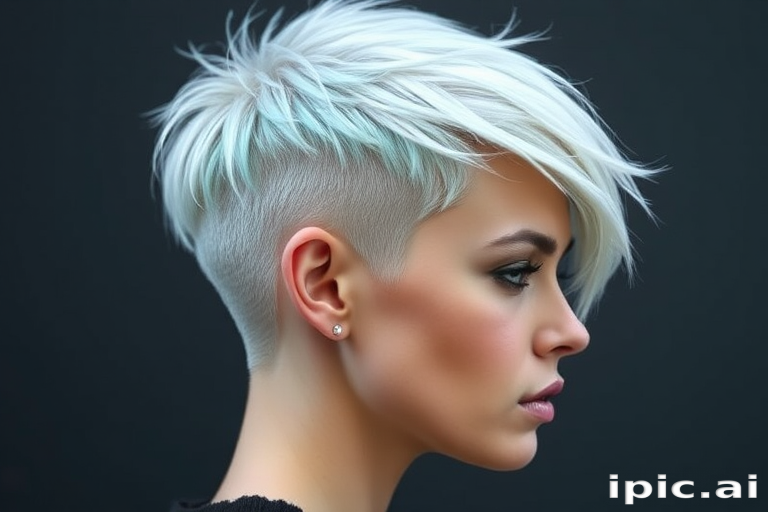 Striking platinum blonde pixie cut with edgy, asymmetrical layers and a buzzed undercut, accented by electric blue streaks for a bold and futuristic "Cyber Frost" appearance