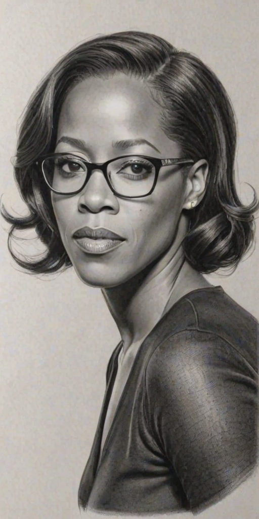 Dazzling Regina King, pencil sketch, portrait of Bewitching woman 1932s in glasses, hair style beatnik, outline, clear lines, fine lines, 8k