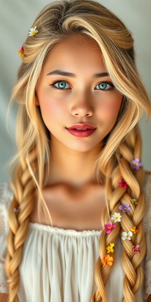 Create an image of a young Filipino woman with long, wavy blonde hair, adorned with small, colorful flowers woven into her braids and loose strands. Her complexion is fair, with soft, glowing skin, and she has light blue eyes that gaze softly at the viewer. She wears a light, flowing dress with a gentle, ethereal quality, complementing her delicate and serene appearance. The background is slightly blurred, drawing focus to her tranquil expression and the intricate details of the flowers in her hair. The overall mood of the image is one of natural beauty and grace, evoking a sense of peacefulness and connection with nature.
