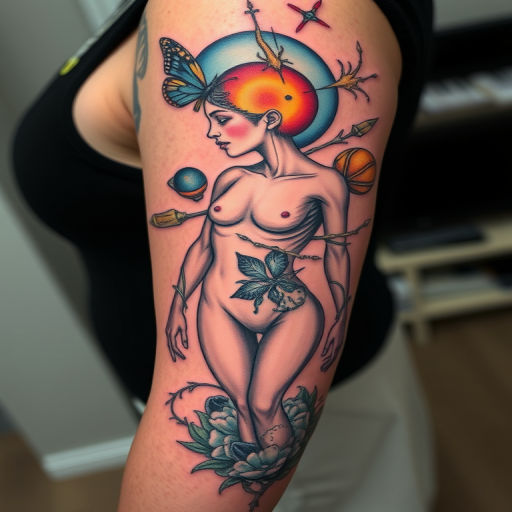 Surrealist tattoo called "Dreamscape Fusion" blending elements of nature and human anatomy in unexpected ways, creating a thought-provoking and visually striking piece, celebrated for its imaginative concepts