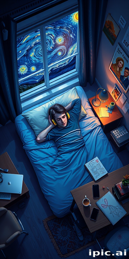 A top-down Van Gogh-style painting of a young man lying on his bed, listening to music with headphones. The room is softly lit with deep blues and purples, creating a peaceful nighttime atmosphere. The bed has a soft pillow, and the man's arms are resting behind his head. Around the bed, various glowing gadgets such as a smartphone, a laptop, and a small lamp are visible, casting a gentle light. The rest of the bedroom includes a desk with books, a chair, and a small rug on the floor. A window near the bed reveals a starry night sky with swirling stars, reminiscent of Van Gogh's 'Starry Night.' On the desk, there is a sketchbook with colorful drawings, a cup of coffee steaming gently, and a small potted plant. The walls have posters of famous paintings and a corkboard with pinned notes and photos. The scene is full of dynamic, swirling brushstrokes, capturing the essence of Van Gogh's unique style. The overall mood is serene and contemplative, with a touch of artistic inspiration.