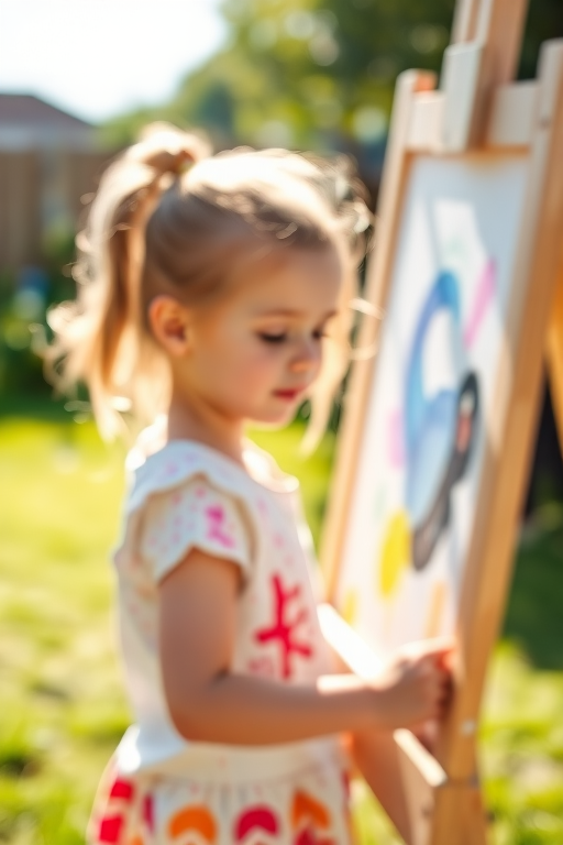 Blurry candid shot of a young girl painting at an easel in a sunlit backyard, with colorful splashes of paint on her clothes and soft shadows playing in the background.