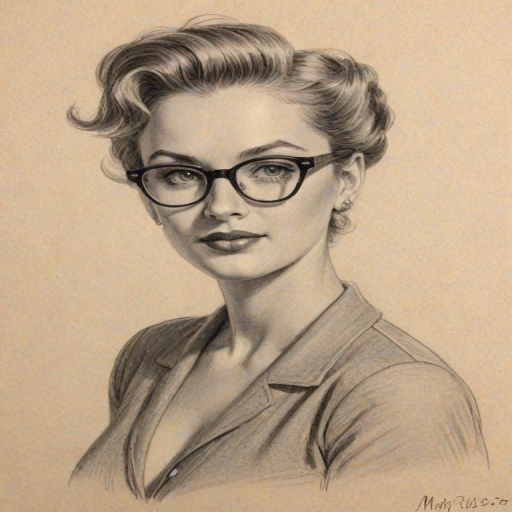 Alluring Mary Elizabeth Ellis, pencil sketch, portrait of Magnificent woman 1949s in glasses, hair style beatnik, outline, clear lines, fine lines, 8k
