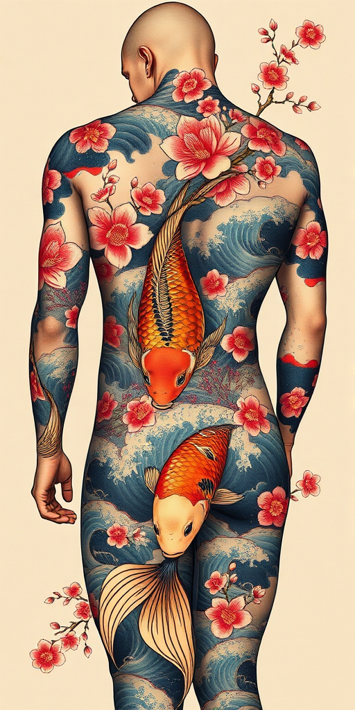 Exquisite Japanese-inspired full body suit tattoo featuring koi fish cherry blossoms and waves in traditional colors with meticulous attention to detail and shading