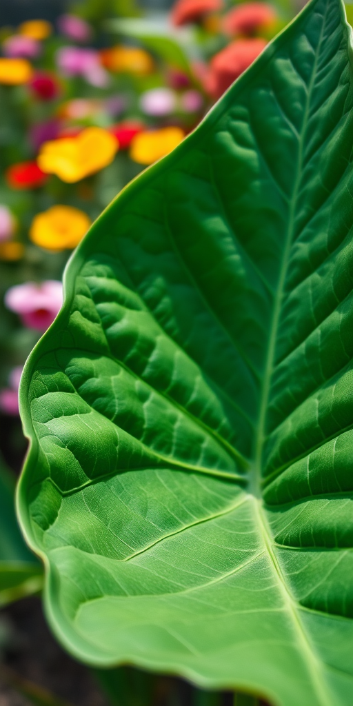 close-up of a large green leaf with prominent veins in a vibrant garden setting, shallow depth of field, f/2.8 aperture, 50mm lens, natural light, DSLR camera, focus on the leaf with blurred colorful flowers in the background