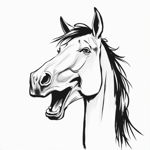Abstract black and white acrylic portrait of an over exaggerated laughing (horse). Minimalism style. White background.