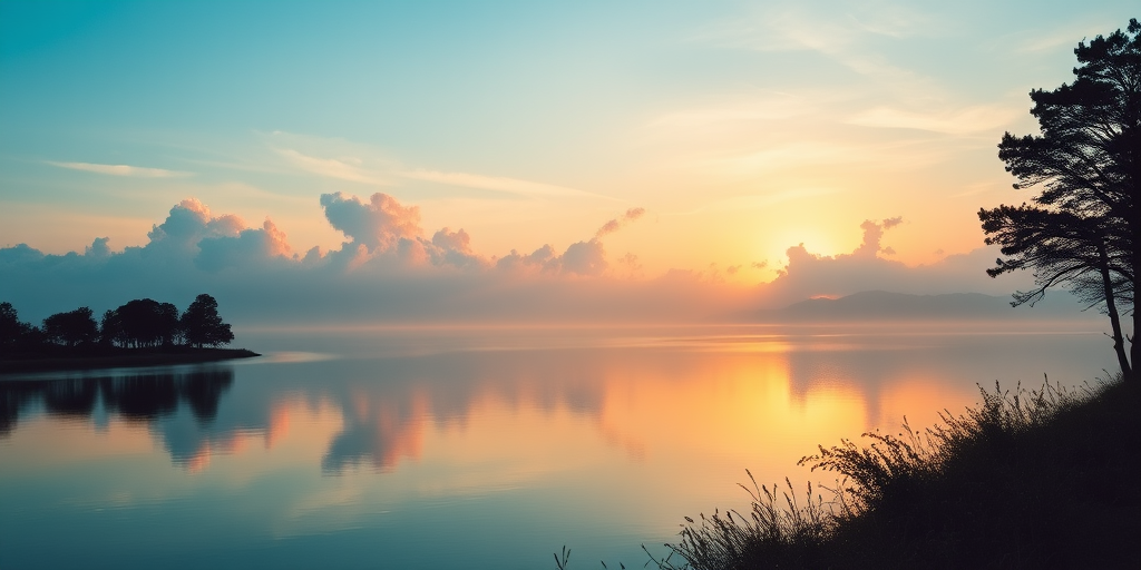 A serene landscape featuring a tranquil lake at sunrise with silhouetted trees in the foreground and soft clouds in the sky, captured using a DSLR camera at f/8, ISO 100, shutter speed 1/125 sec, in a wide-angle view for enhanced depth, vibrant colors, and sharp reflections on the water surface.