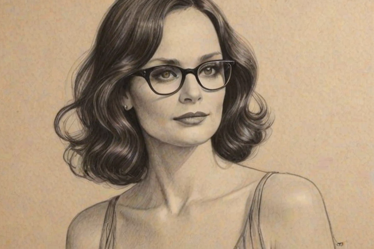 Superb Sarah Wayne Callies, pencil sketch, portrait of Beauteous woman 1929s in glasses, hair style beatnik, outline, clear lines, fine lines, 8k