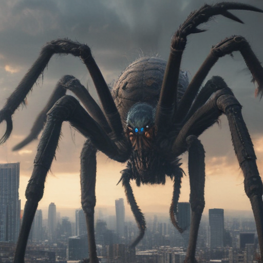 Kaiju destroying city fighting giant spider