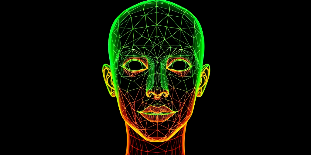 high-resolution 3D wireframe model of a human head with a gradient color scheme from green to orange, front view, using a DSLR camera set to ISO 100, f/2.8 aperture, 50mm lens, studio lighting for enhanced detail and contrast, black background