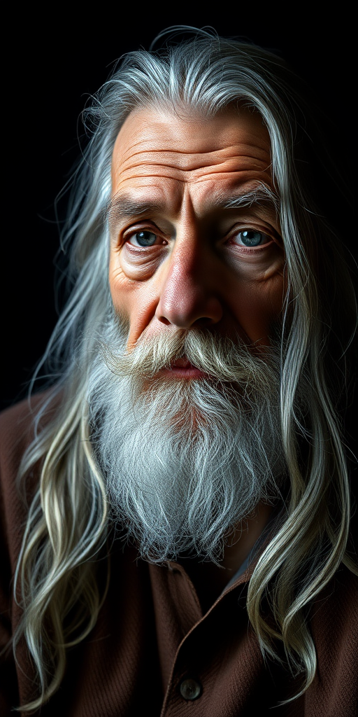 Create a highly detailed portrait of an elderly man with long gray hair and a wise expression, captured in dramatic lighting, using a Canon EOS R5 camera with a 50mm lens at f/1.8, shot from a low angle to enhance depth, in a hyper-realistic digital art style, ensuring a high resolution for clarity and detail.