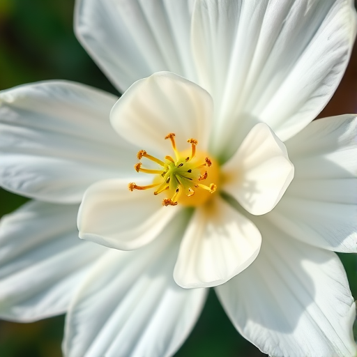 Create a high-resolution illustration of a detailed white flower with delicate petals, using a macro lens, aperture f/2.8, shutter speed 1/125s, ISO 200, top-down view, natural lighting, digital painting style.