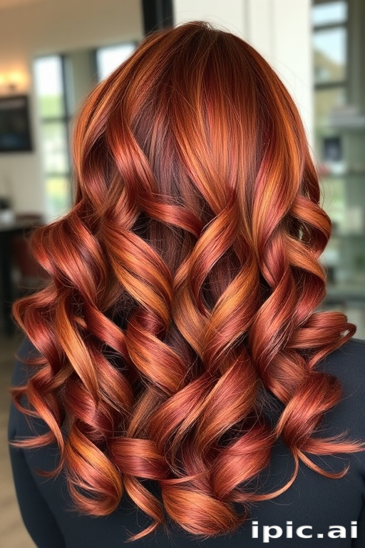 Rich mahogany red locks in the "Cinnamon Swirl" style boast voluminous curls and caramel highlights for depth