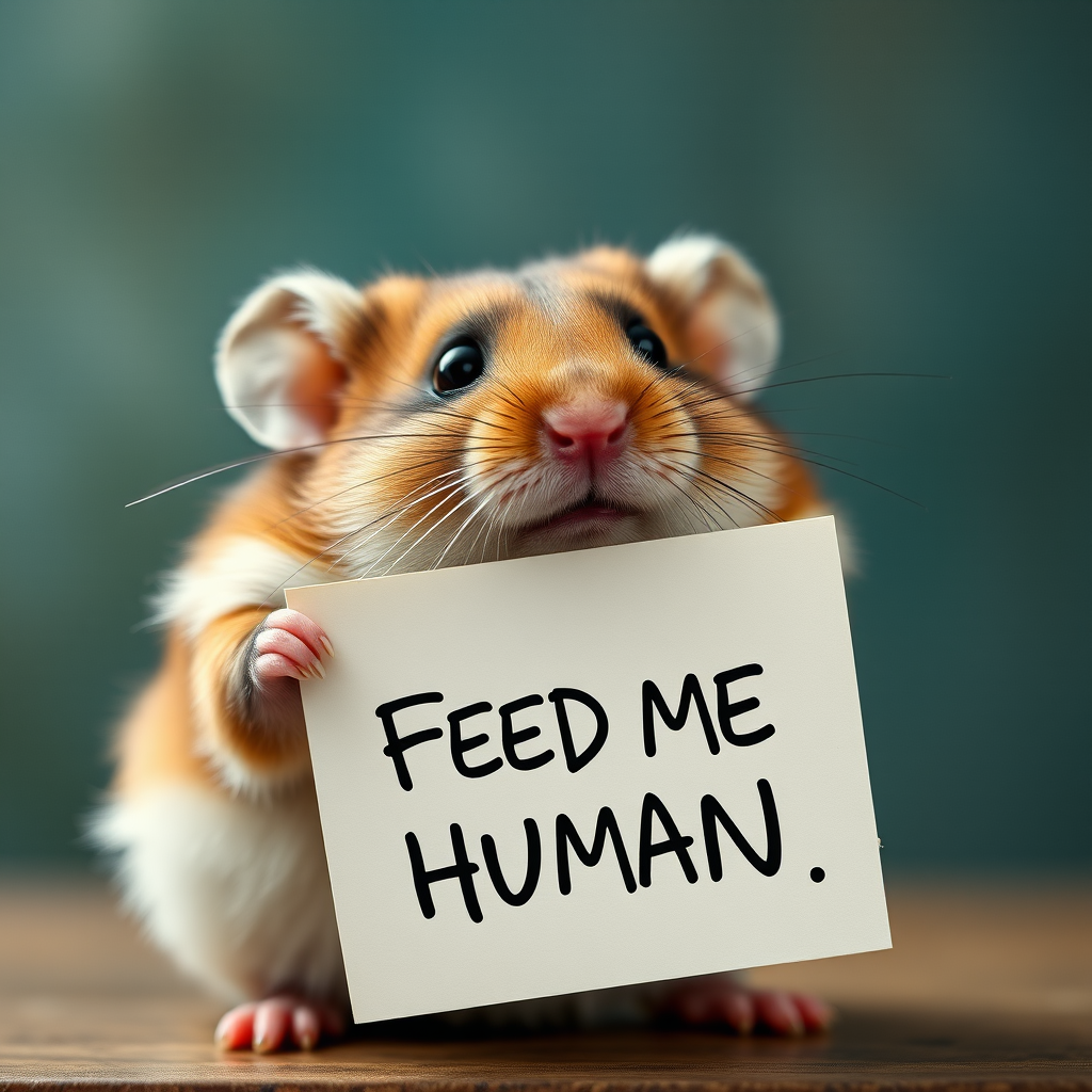 hamster holding a note which says "FEED ME HUMAN"