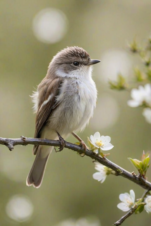 a small, fluffy bird perched on a branch with delicate white flowers blooming around it, set against a soft, blurred background of nature
