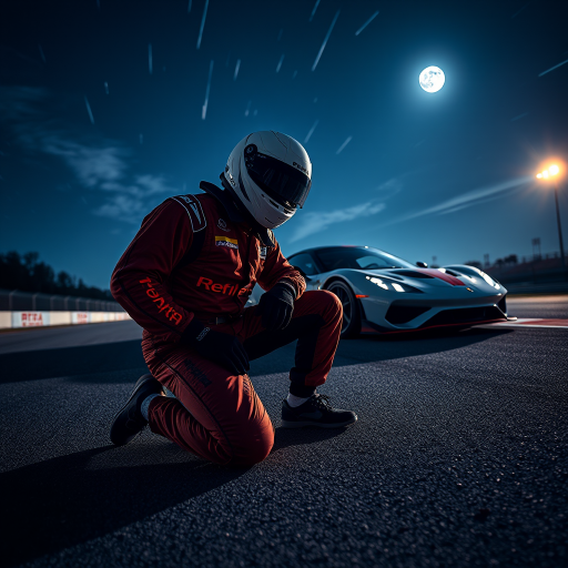 A dynamic scene of a racing driver kneeling on a nighttime racetrack with a sleek race car in the background, dramatic moonlight illuminating the sky with shooting stars above, captured with a DSLR camera, 50mm lens, f/1.8 aperture, ISO 100, and a low angle perspective to emphasize the driver and car details.