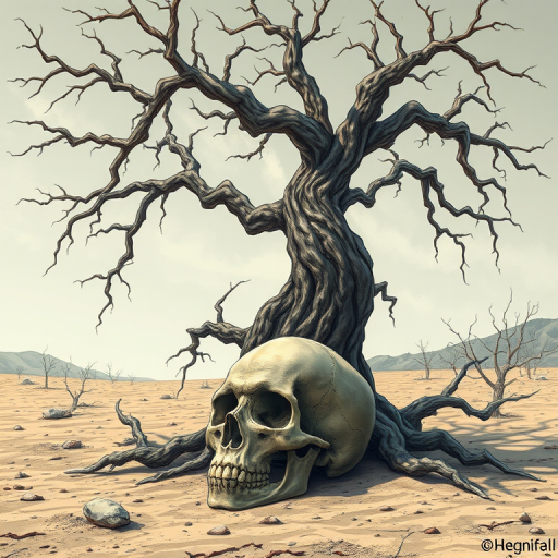Generate a highly detailed illustration of a twisted, gnarled tree standing over a skull in a barren landscape, captured with a DSLR camera at f/8, ISO 200, 50mm lens, shooting from a low angle with a shallow depth of field for enhanced texture and clarity.