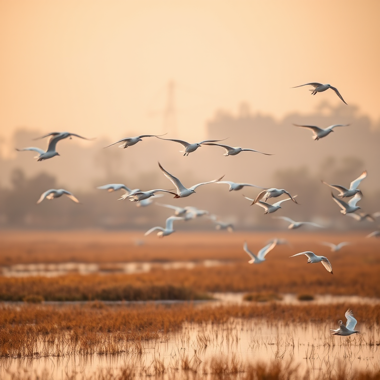Capture a serene morning scene of a flock of white birds in flight over a tranquil wetland, using a Canon EOS 5D Mark IV, 135mm lens, ISO 200, f/5.6 aperture, and a shutter speed of 1/1000s, with a soft focus background and warm golden light.