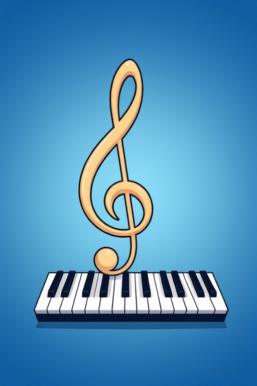 Create an illustration of a treble clef entwined with a piano keyboard on a gradient blue background, using a digital art style; settings: ISO 100, aperture f/8, shutter speed 1/125s, camera view: flat, camera type: digital drawing tablet.