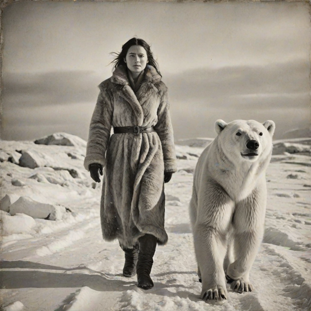 A very old photograph in black and white. The photo is badly damaged, faded, with scratches, tears, smudges and dirt. The photo is ultra-realistic and very detailed. It's a picture of an Arctic warrior. She is walking serenely towards the camera. At her side walks a majestic polar bear. Its fur shines in the sunlight. Snow, ice, sea. wind. snow in the air.