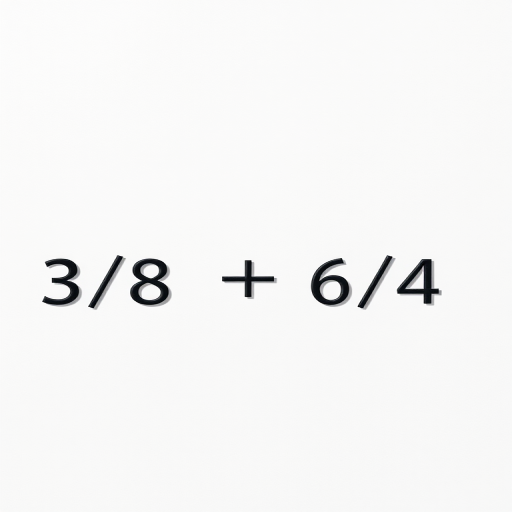 Create a high-resolution image of the mathematical expression 3/8 + 6/4 with a clean, minimalist design, using a DSLR camera with a 50mm lens, aperture f/1.8, 1/100s shutter speed, and natural lighting to enhance clarity and contrast.