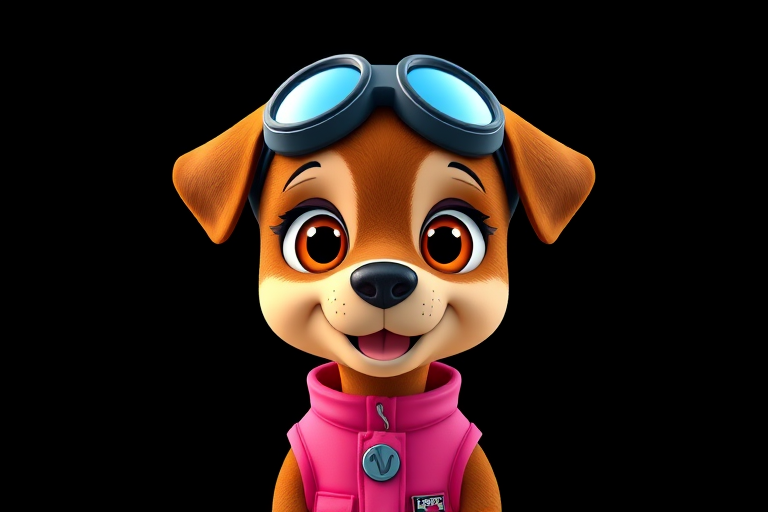 Generate a colorful cartoon image of a cute dog character with large expressive eyes, wearing a pink vest and goggles, set against a solid black background, captured in high-resolution with a DSLR camera at f/2.8 aperture, 50mm lens, and in HDR style for enhanced clarity and vibrancy.