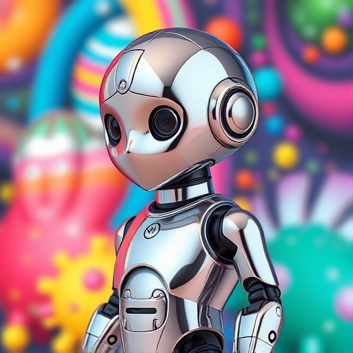 Regenerate a highly detailed 3D rendering of a shiny metallic humanoid robot child standing against a colorful abstract background, using a DSLR camera with a 50mm lens, f/1.8 aperture, ISO 100, shot at a 45-degree angle for depth, in high dynamic range to enhance contrast and vibrancy.