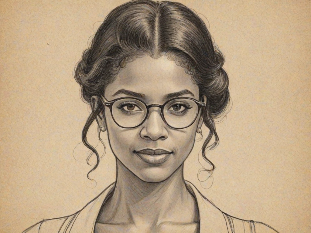 Bewitching Ren'e Elise Goldsberry, pencil sketch, portrait of Radiant woman 1926s in glasses, hair style beatnik, outline, clear lines, fine lines, 8k