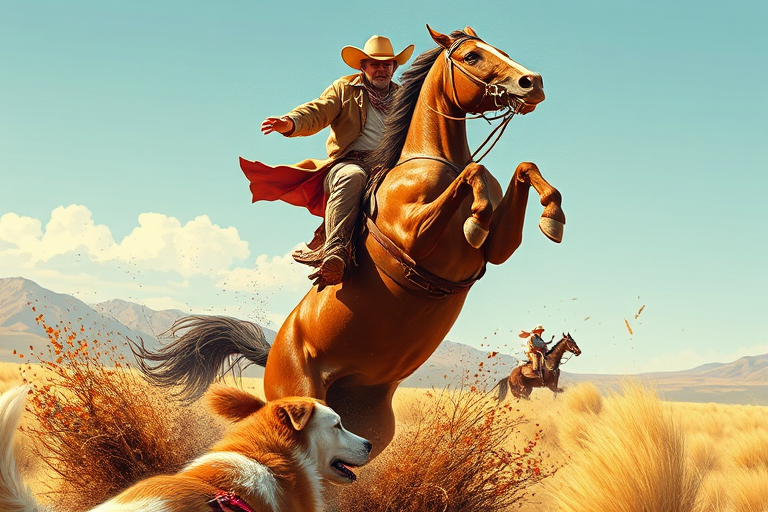 Create a detailed illustration of a cowboy on a rearing horse, with a dog in the foreground, dynamic action scene, shot with a Canon EOS R5, 50mm lens, aperture f/1.8, ISO 200, shutter speed 1/1000s, natural sunlight, capturing a vivid and energetic moment.