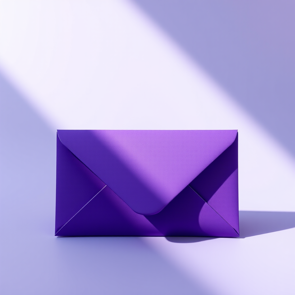 Create a hyper-realistic image of a purple envelope on a soft gradient background, captured with a 50mm lens at f/2.8, ISO 100, in natural light, using a DSLR camera for enhanced clarity and detail.