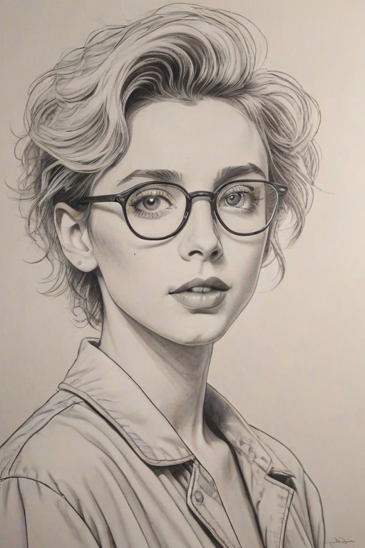 Radiant Troye Sivan, pencil sketch, portrait of Dazzling woman 1951s in glasses, hair style beatnik, outline, clear lines, fine lines, 8k