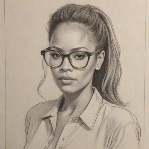 Fascinating Melanie Brown, pencil sketch, portrait of Fascinating woman 1980s in glasses, hair style beatnik, outline, clear lines, fine lines, 8k