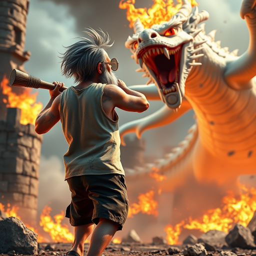 Cartoon 3D High-Resolution,dynamic battle scene using Unreal Engine 5 and Octane Render. The scene features back of an elderly, thai man with a beard,messy hair and round golden-rimmed glasses. He is wearing a tattered tank top with soot marks, shorts, and sandals. sweating. he wields a baseball bat. He jump to fight with a white fire-breathing Europe dragon amidst a partially destroyed stone castle. Include intense flames, smoke, and debris to enhance the dramatic effect.
