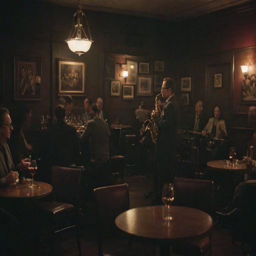 Low-light snapshot of a small jazz club, a saxophonist playing softly in the corner, dim lighting casting shadows on the stage, patrons sitting at small round tables with glasses of wine, soft clinking of glasses, a smoky haze hanging in the air, the soft hum of conversation.