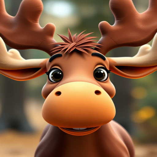Generate a high-resolution image of a cartoon moose with a friendly expression, depicted from a frontal view, using a DSLR camera with a 50mm lens, aperture set to f/2.8, ISO 100, and a soft bokeh background.