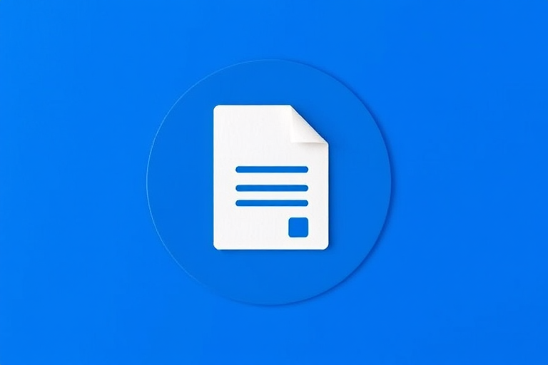 Create a high-resolution image of a document icon on a solid blue circular background, using a Canon EOS R5 camera, 50mm lens, f/2.8 aperture, ISO 100, with a soft focus view and natural lighting setup.