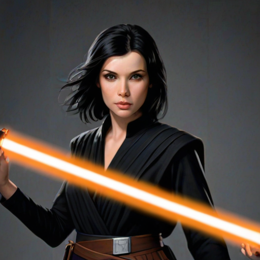 realistic image of a black haired woman, she is holding a orange lightsaber