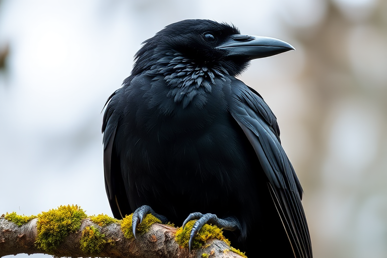 A detailed close-up of a raven perched on a mossy branch, captured with a DSLR camera at f/4, 1/250 sec, ISO 400, using a telephoto lens from a low angle to emphasize the bird's sharp features and glossy feathers with a blurred background.